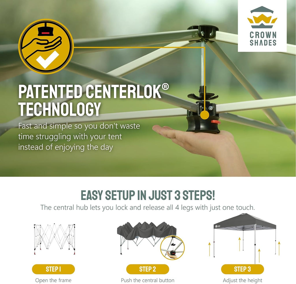 CROWN SHADES 10x10 Pop Up Canopy - Beach Tent with One Push Setup - Easy Outdoor Sun Shade for Events, Parties, Camping - Gazebo with STO-N-Go Cover Bag, Silver Coated Top, Grid White
