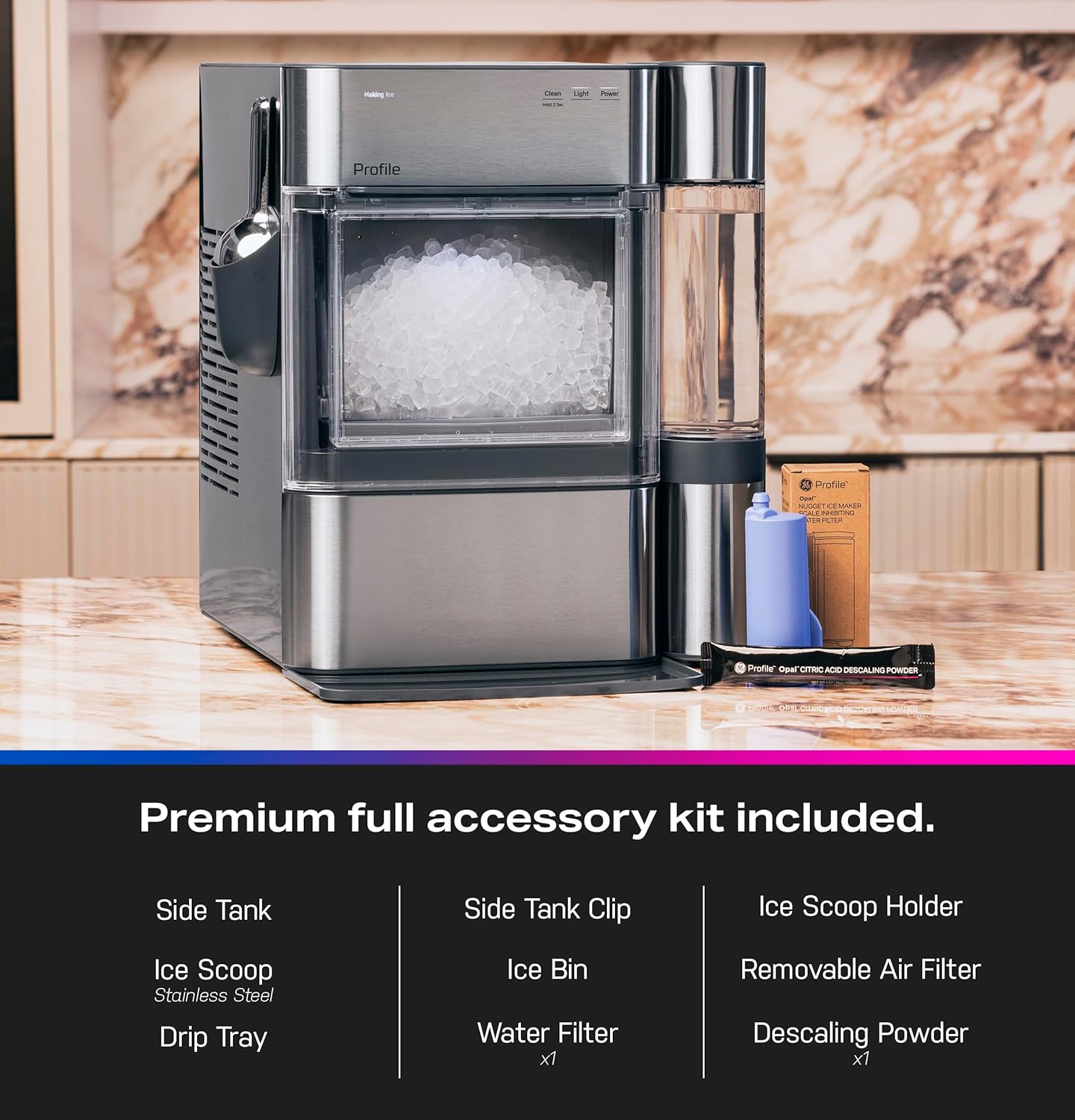 GE Profile Opal 2.0 Ultra Nugget Ice Maker with Side Tank and Scale Inhibiting Filter, Scoop Included, 38 lbs in 24 Hours, Pellet Ice Machine with WiFi & Smart Connected, Stone White