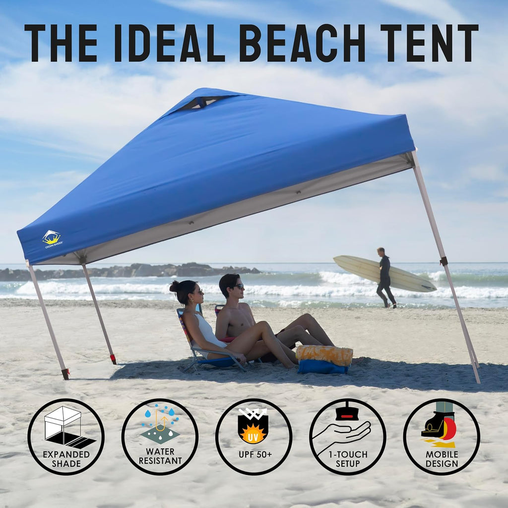 CROWN SHADES 10x10 Pop Up Canopy - Beach Tent with One Push Setup - Easy Outdoor Sun Shade for Events, Parties, Camping - Gazebo with STO-N-Go Cover Bag, Silver Coated Top, Grid White