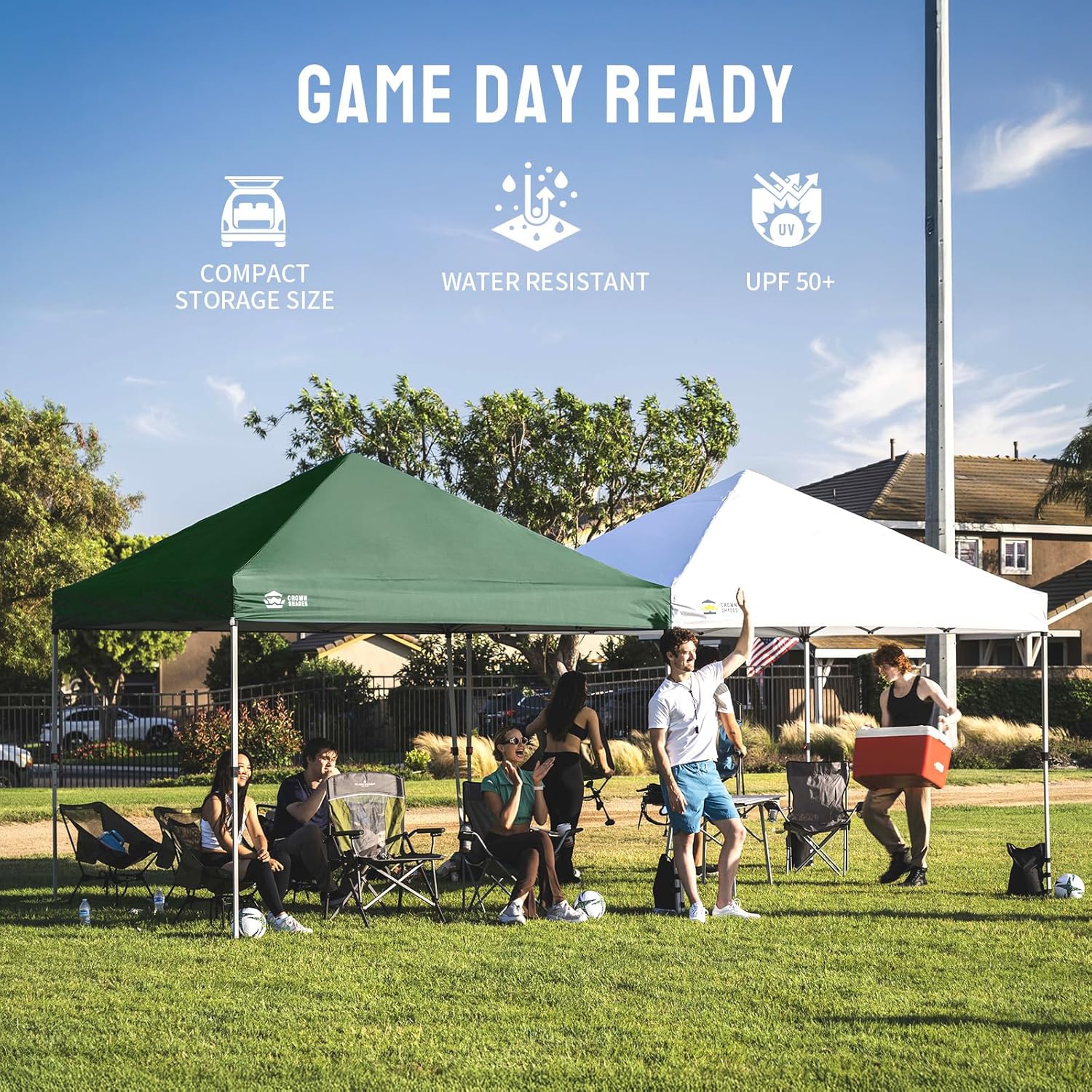 CROWN SHADES 10x10 Pop Up Canopy - Beach Tent with One Push Setup - Easy Outdoor Sun Shade for Events, Parties, Camping - Gazebo with STO-N-Go Cover Bag, Silver Coated Top, Grid White