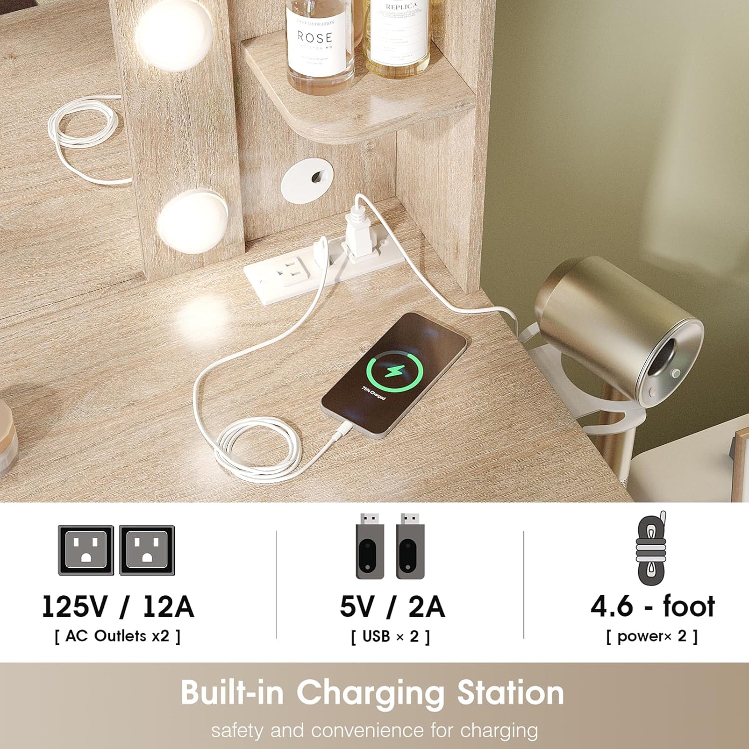 Vanity Desk with Lights,Makeup Vanity with Power Strip,Dressing Table Set with 2 Large Drawers,Vanity Mirror 3 Lighting Color Adjustable,White