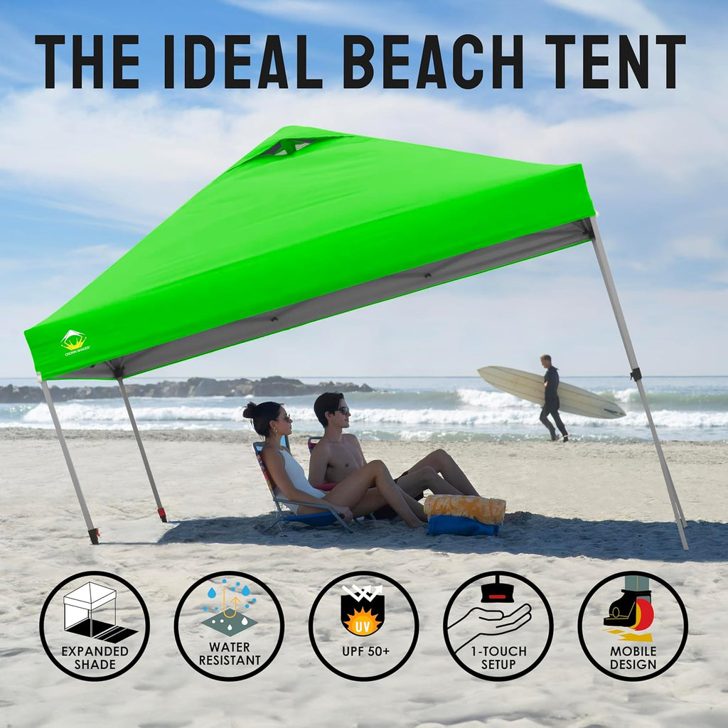 CROWN SHADES 10x10 Pop Up Canopy - Beach Tent with One Push Setup - Easy Outdoor Sun Shade for Events, Parties, Camping - Gazebo with STO-N-Go Cover Bag, Silver Coated Top, Grid White