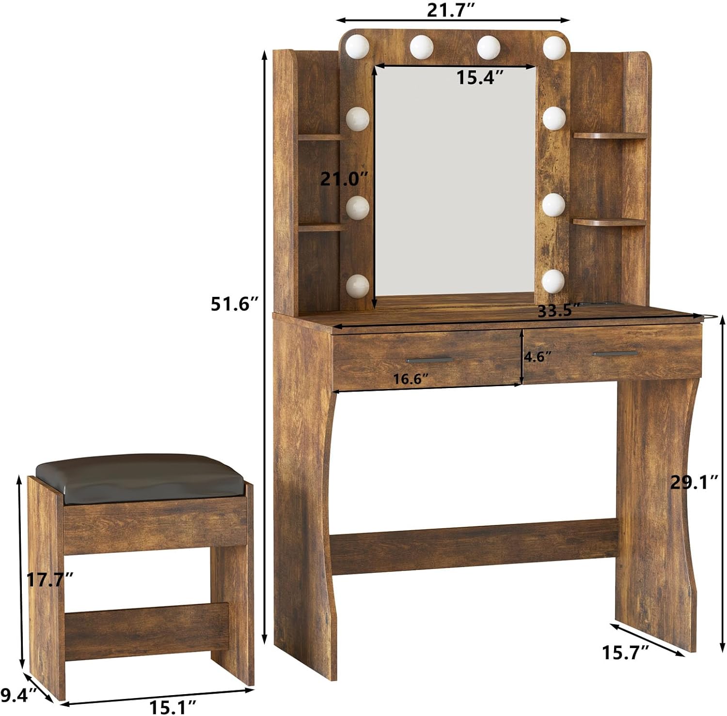 Vanity Desk with Lights,Makeup Vanity with Power Strip,Dressing Table Set with 2 Large Drawers,Vanity Mirror 3 Lighting Color Adjustable,White