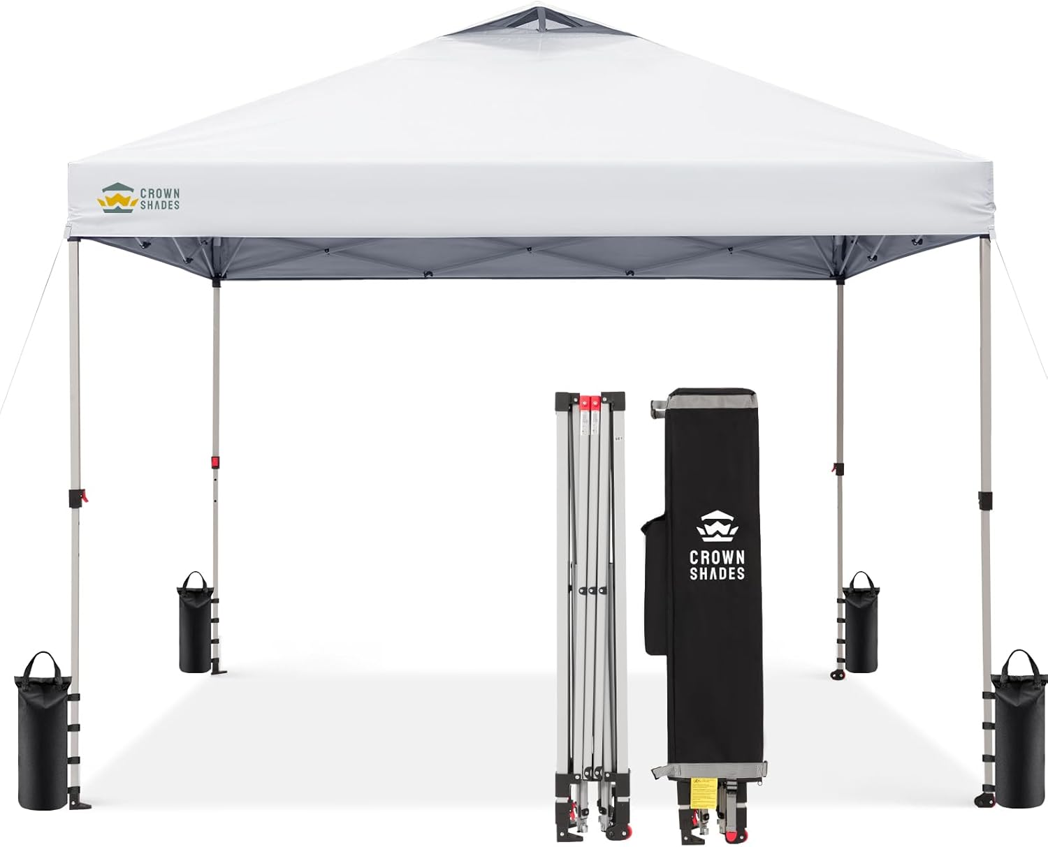 CROWN SHADES 10x10 Pop Up Canopy - Beach Tent with One Push Setup - Easy Outdoor Sun Shade for Events, Parties, Camping - Gazebo with STO-N-Go Cover Bag, Silver Coated Top, Grid White