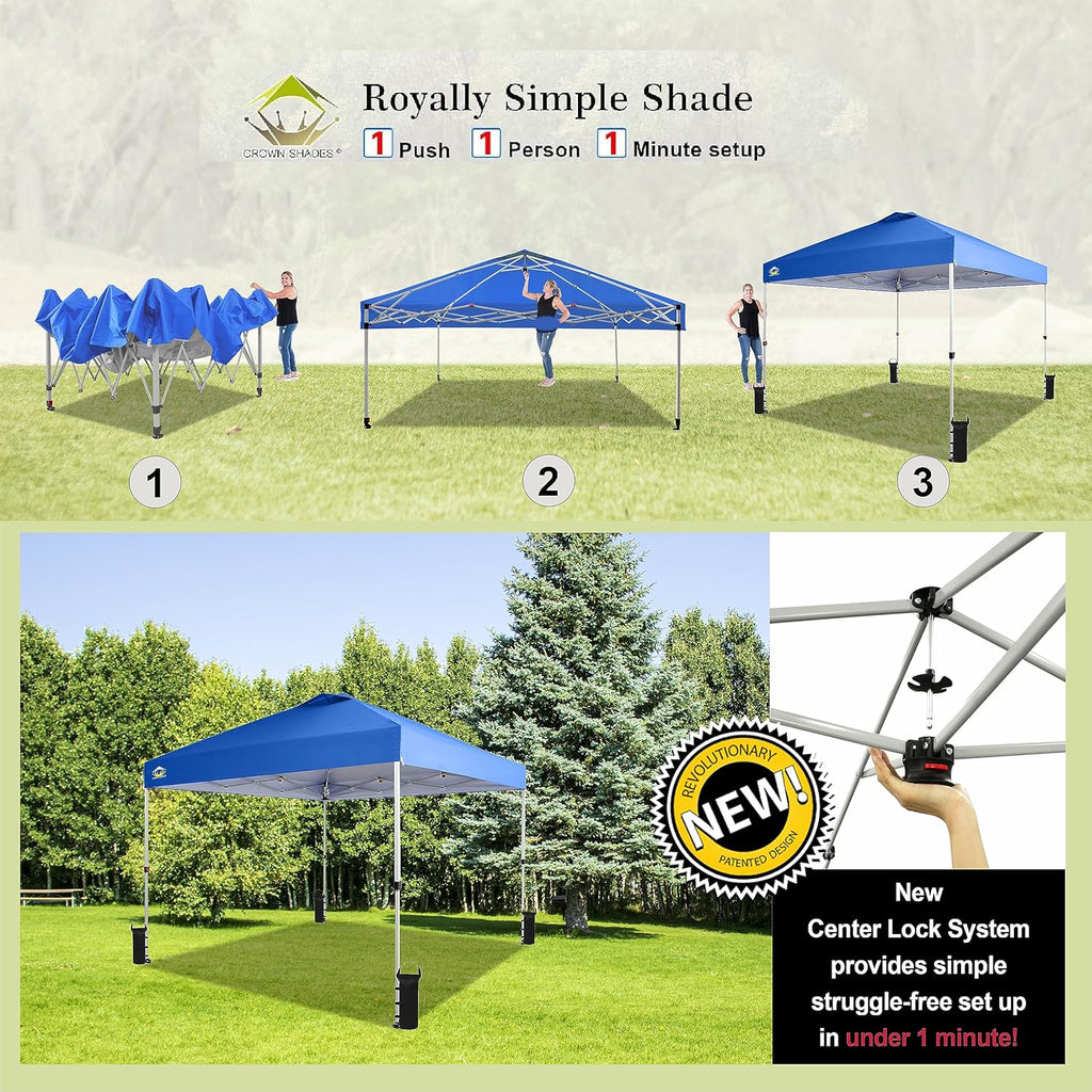 CROWN SHADES 10x10 Pop Up Canopy - Beach Tent with One Push Setup - Easy Outdoor Sun Shade for Events, Parties, Camping - Gazebo with STO-N-Go Cover Bag, Silver Coated Top, Grid White