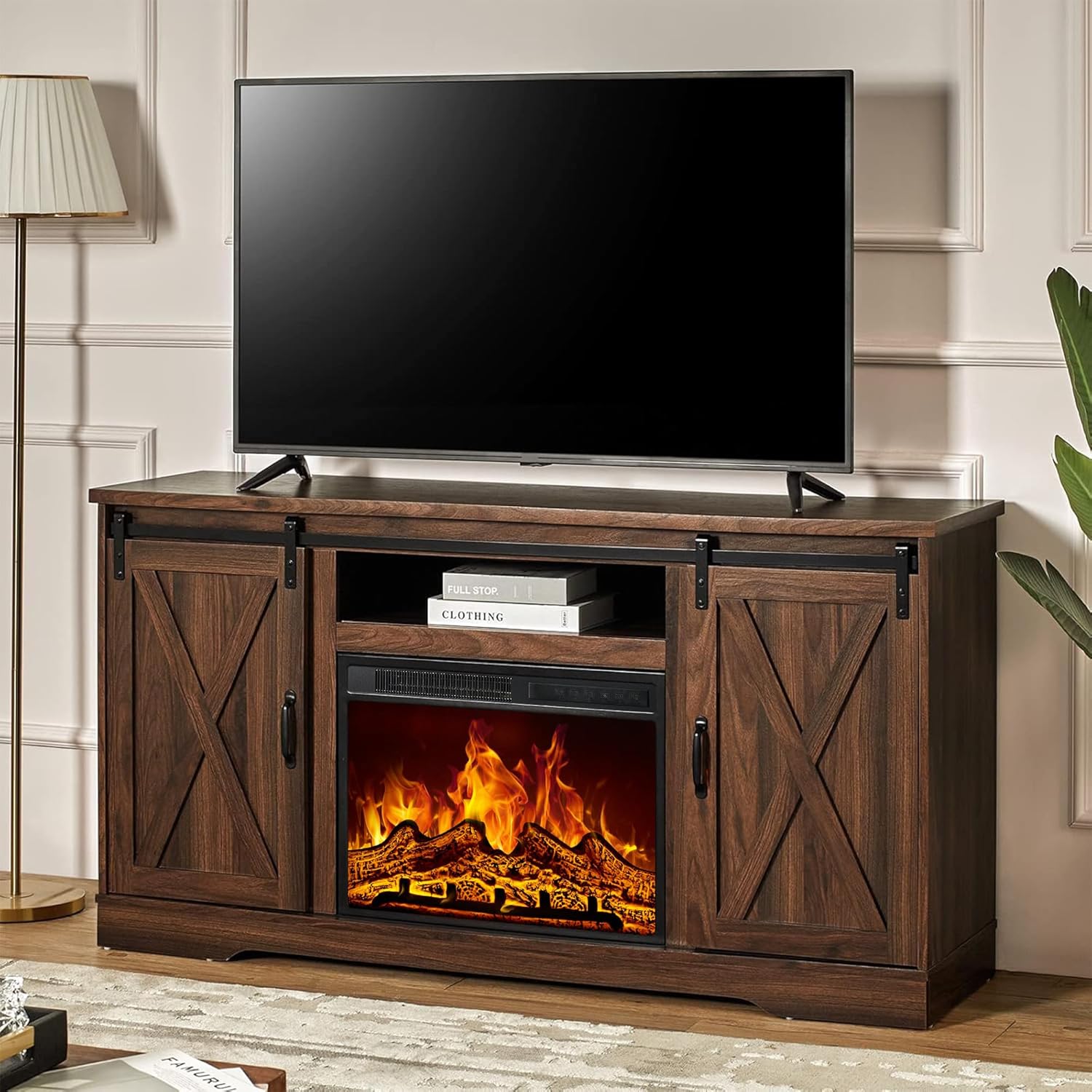 AMERLIFE Fireplace TV Stand with Sliding Barn Door for TVs up to 65", Farmhouse 59" Fireplace Entertainment Center with Storage Cabinets/Adjustable Shelves, Distressed White & Barnwood