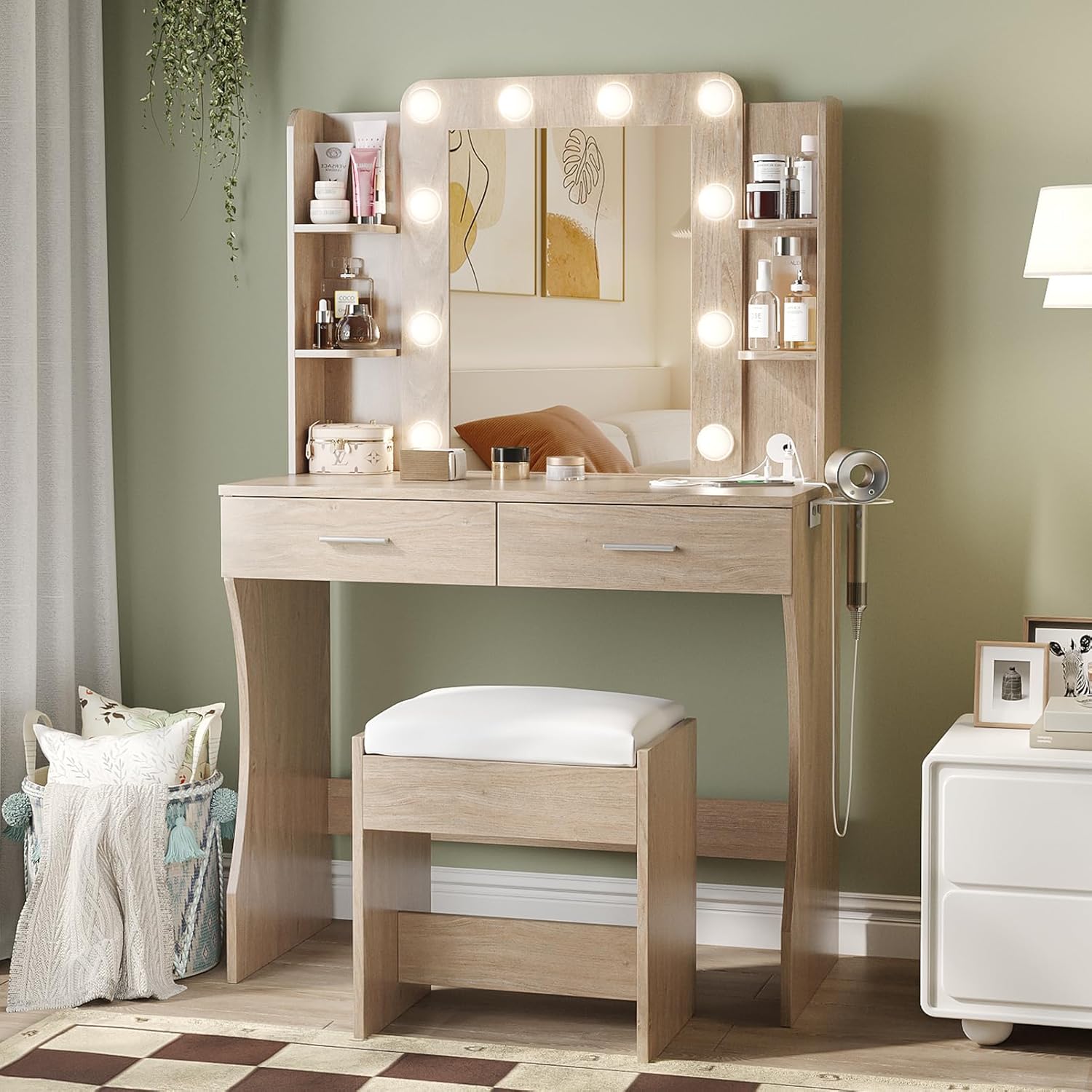 Vanity Desk with Lights,Makeup Vanity with Power Strip,Dressing Table Set with 2 Large Drawers,Vanity Mirror 3 Lighting Color Adjustable,White