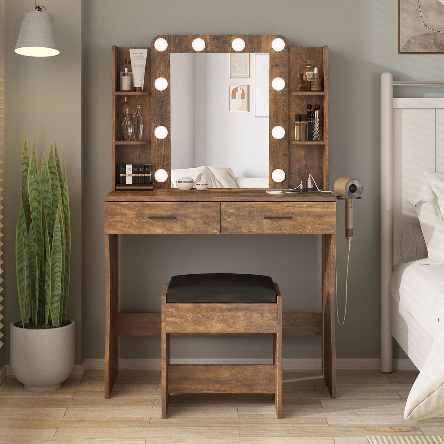 Vanity Desk with Lights,Makeup Vanity with Power Strip,Dressing Table Set with 2 Large Drawers,Vanity Mirror 3 Lighting Color Adjustable,White