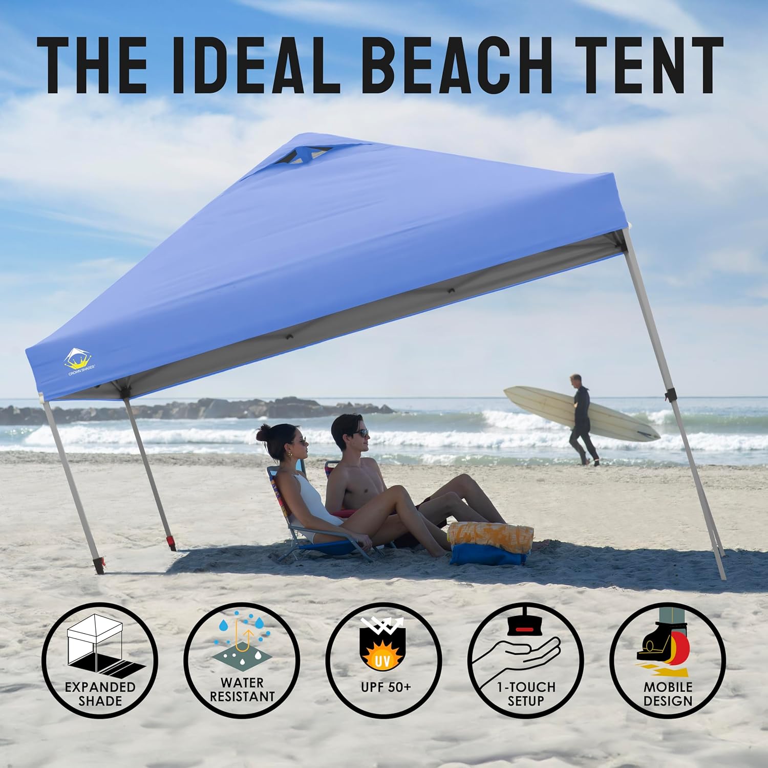 CROWN SHADES 10x10 Pop Up Canopy - Beach Tent with One Push Setup - Easy Outdoor Sun Shade for Events, Parties, Camping - Gazebo with STO-N-Go Cover Bag, Silver Coated Top, Grid White