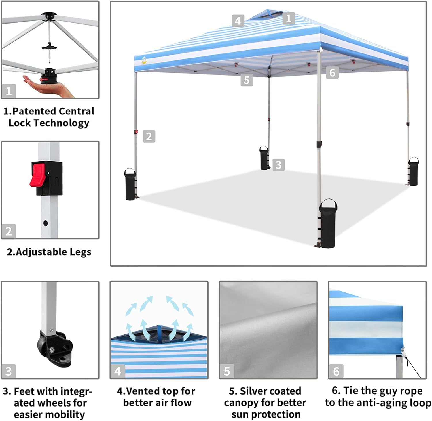 CROWN SHADES 10x10 Pop Up Canopy - Beach Tent with One Push Setup - Easy Outdoor Sun Shade for Events, Parties, Camping - Gazebo with STO-N-Go Cover Bag, Silver Coated Top, Grid White