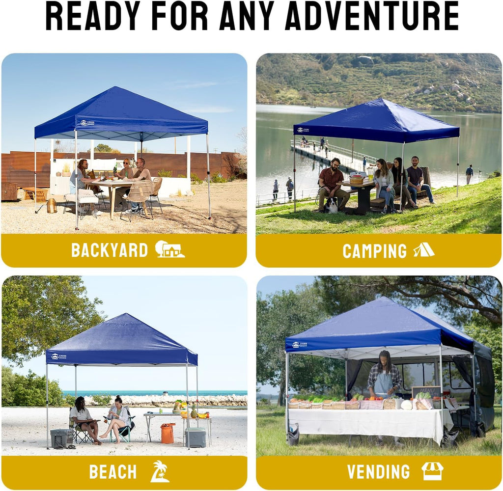 CROWN SHADES 10x10 Pop Up Canopy - Beach Tent with One Push Setup - Easy Outdoor Sun Shade for Events, Parties, Camping - Gazebo with STO-N-Go Cover Bag, Silver Coated Top, Grid White