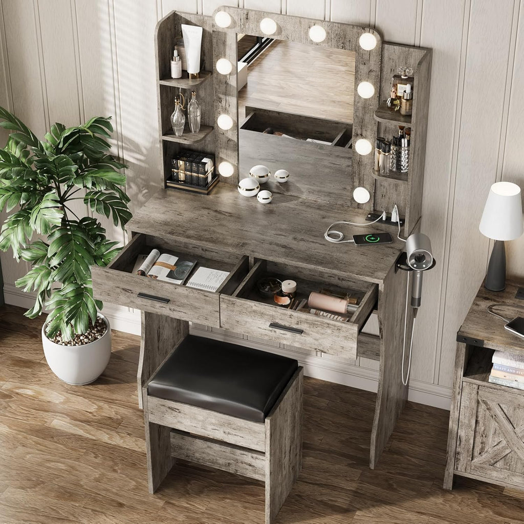 Vanity Desk with Lights,Makeup Vanity with Power Strip,Dressing Table Set with 2 Large Drawers,Vanity Mirror 3 Lighting Color Adjustable,White