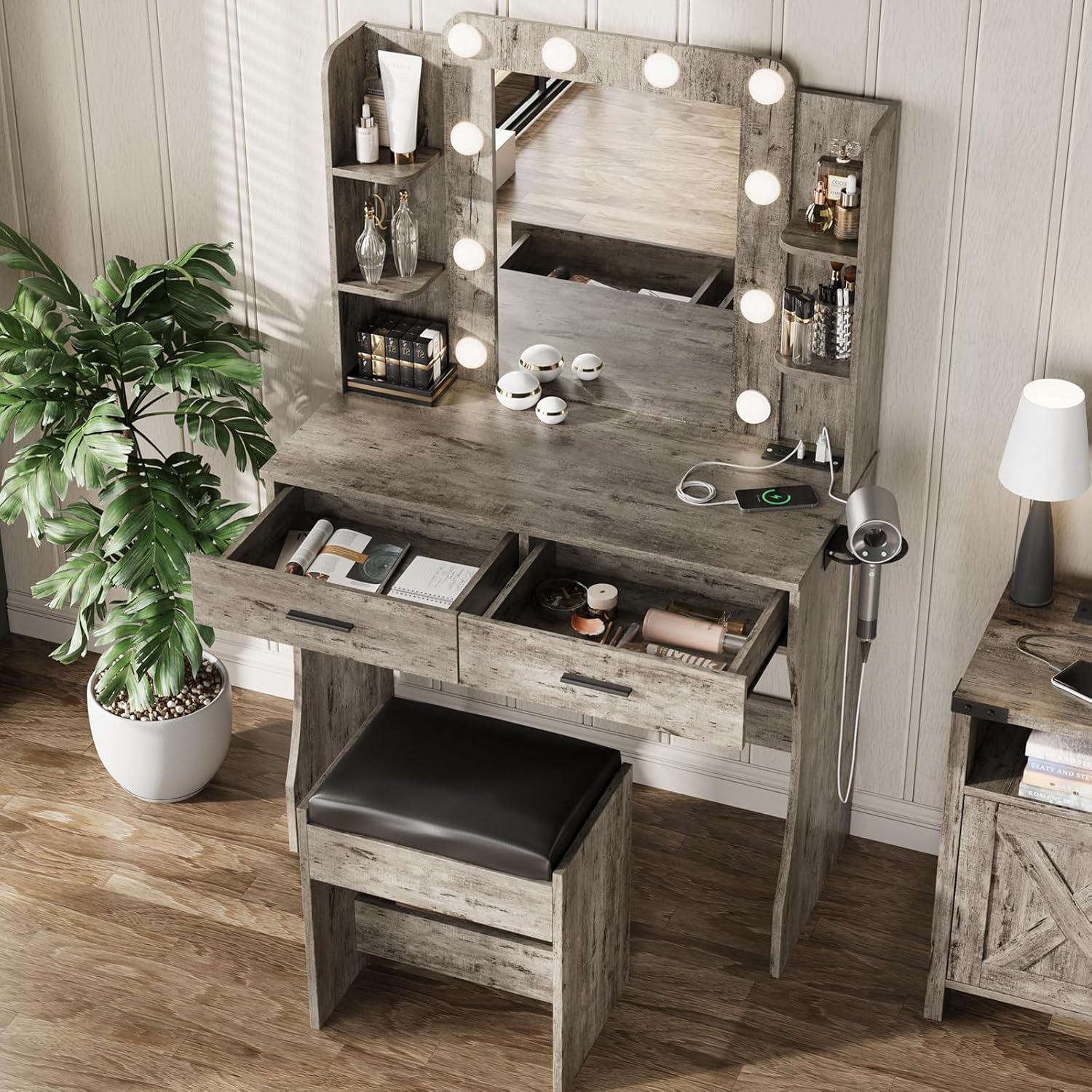 Vanity Desk with Lights,Makeup Vanity with Power Strip,Dressing Table Set with 2 Large Drawers,Vanity Mirror 3 Lighting Color Adjustable,White