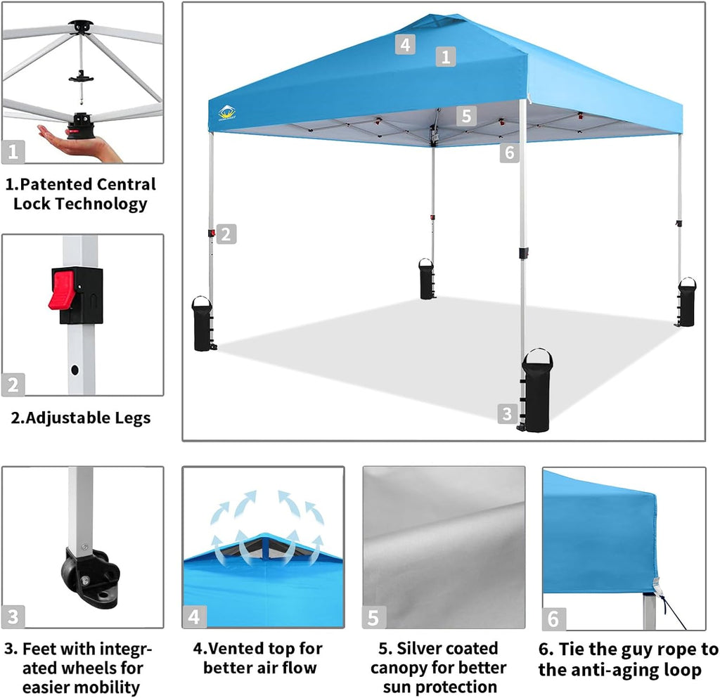 CROWN SHADES 10x10 Pop Up Canopy - Beach Tent with One Push Setup - Easy Outdoor Sun Shade for Events, Parties, Camping - Gazebo with STO-N-Go Cover Bag, Silver Coated Top, Grid White