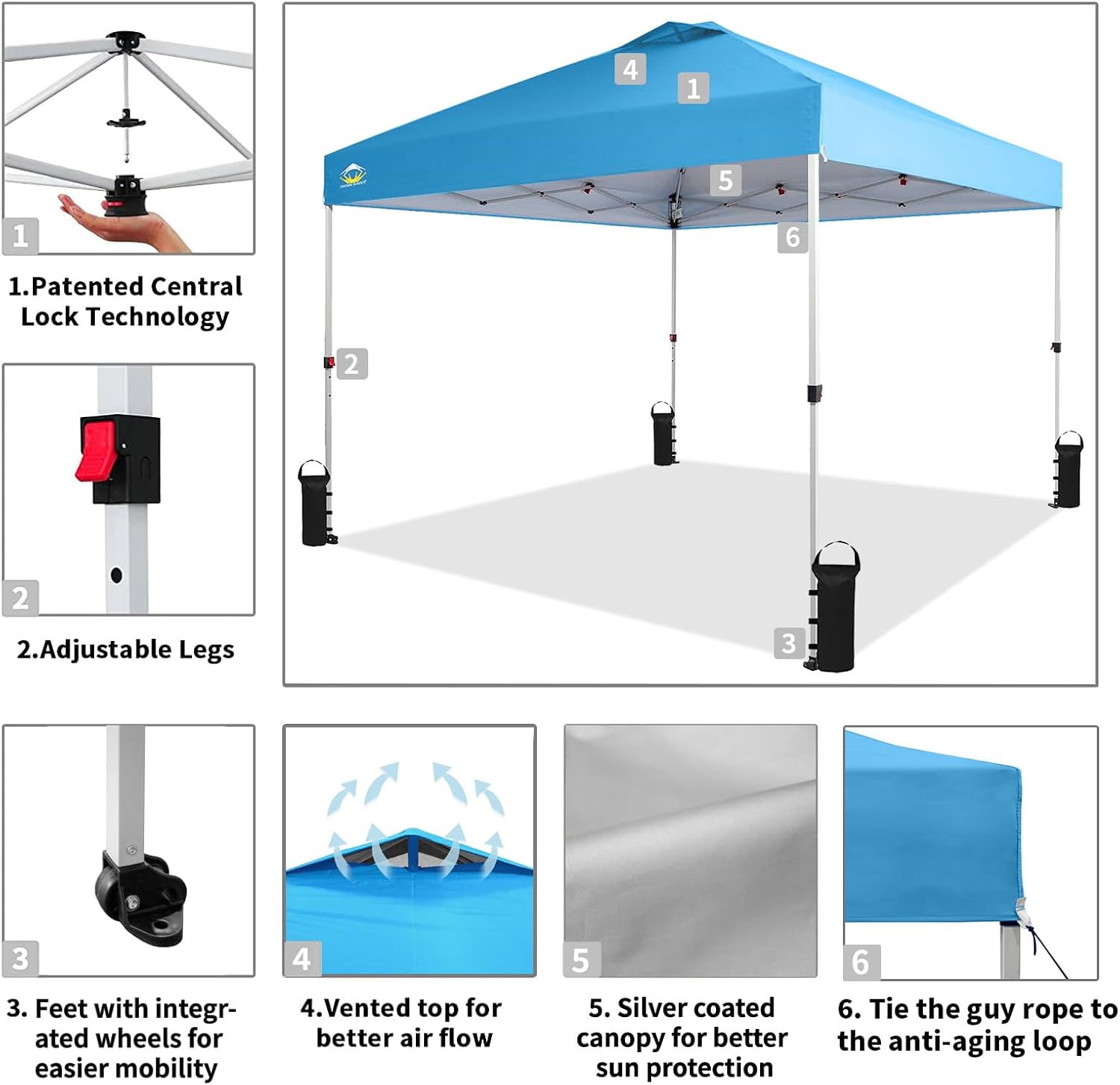 CROWN SHADES 10x10 Pop Up Canopy - Beach Tent with One Push Setup - Easy Outdoor Sun Shade for Events, Parties, Camping - Gazebo with STO-N-Go Cover Bag, Silver Coated Top, Grid White