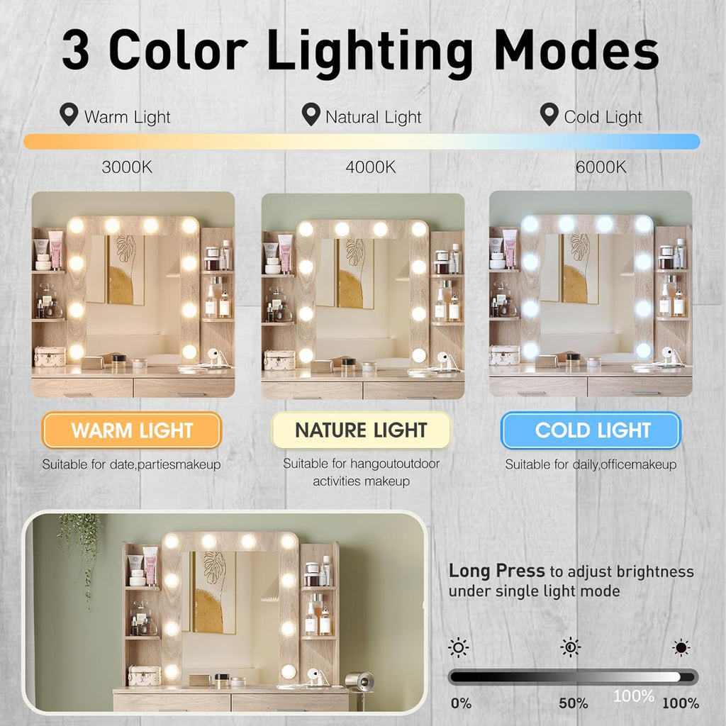 Vanity Desk with Lights,Makeup Vanity with Power Strip,Dressing Table Set with 2 Large Drawers,Vanity Mirror 3 Lighting Color Adjustable,White