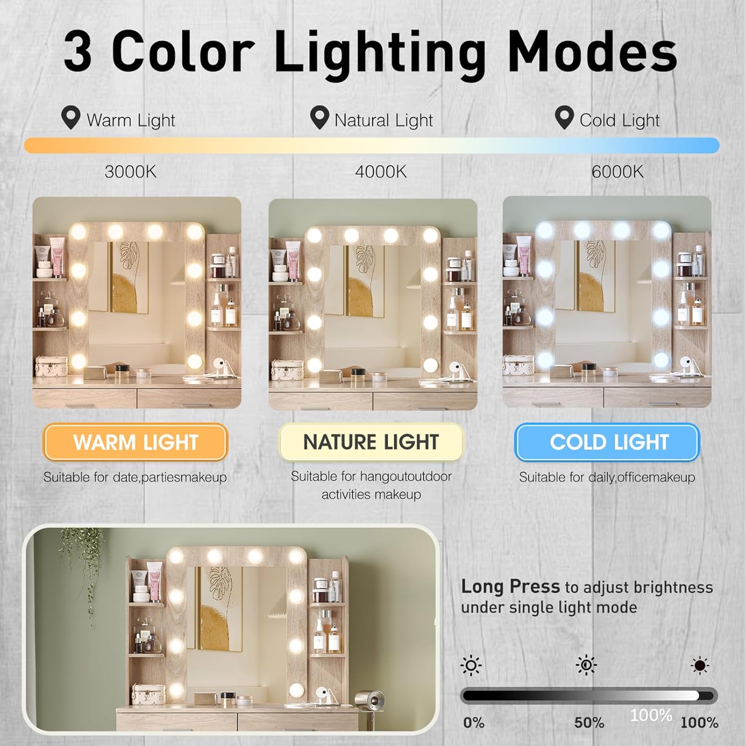 Vanity Desk with Lights,Makeup Vanity with Power Strip,Dressing Table Set with 2 Large Drawers,Vanity Mirror 3 Lighting Color Adjustable,White