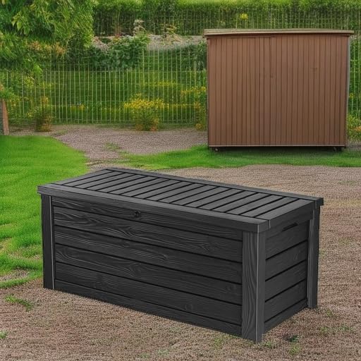 Keter Outdoor Storage Deck Box, 150 Gallon Resin Patio Bin & Bench, Wood Grain, Brown