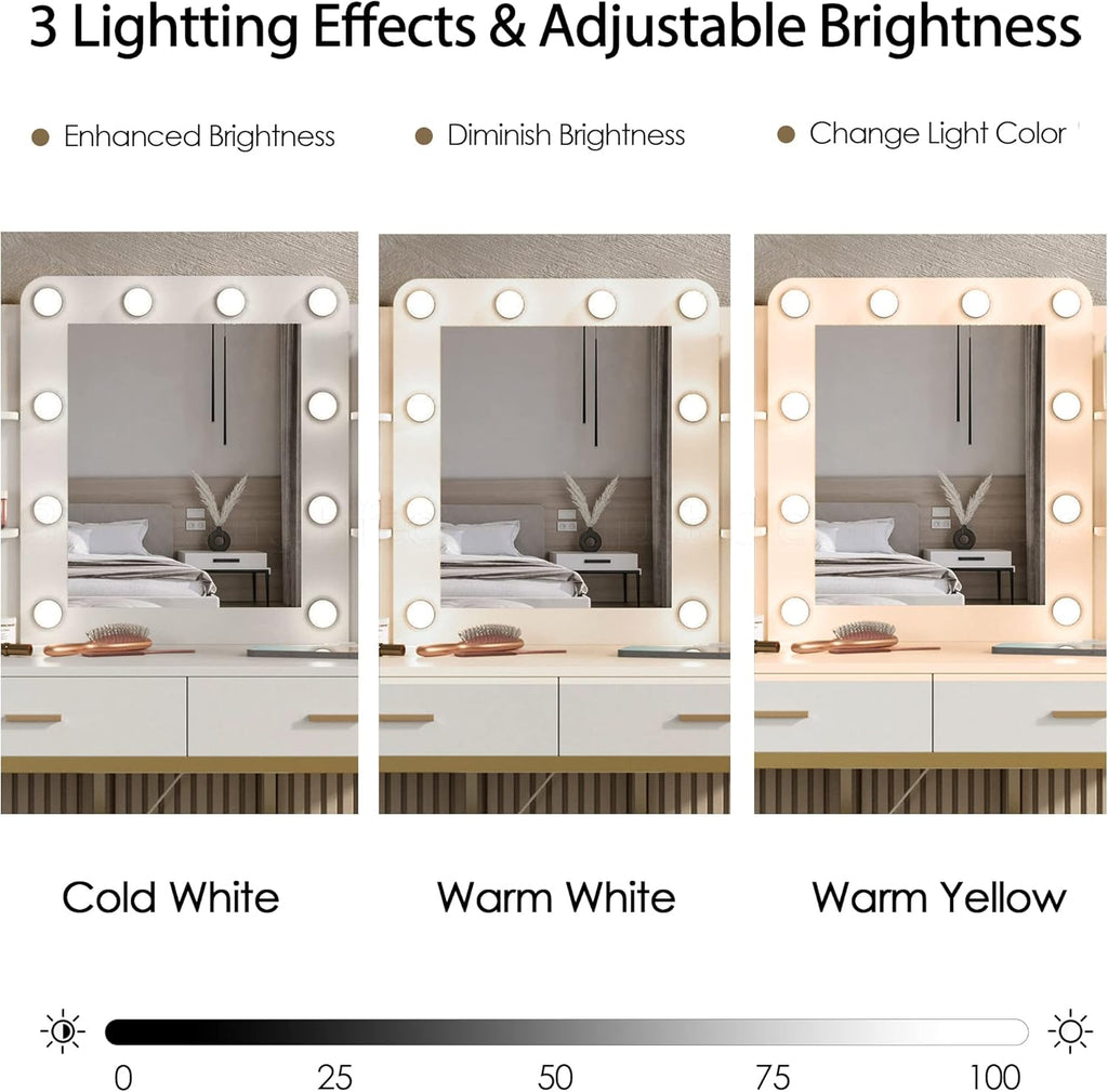 Vanity Desk with Lights,Makeup Vanity with Power Strip,Dressing Table Set with 2 Large Drawers,Vanity Mirror 3 Lighting Color Adjustable,White
