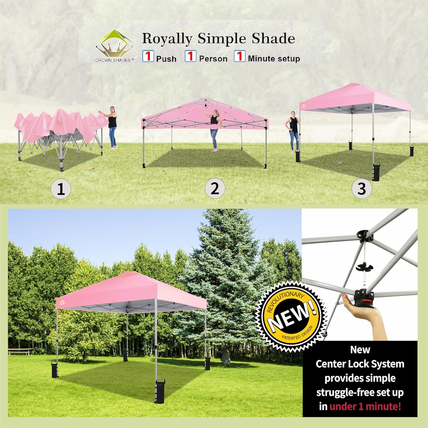 CROWN SHADES 10x10 Pop Up Canopy - Beach Tent with One Push Setup - Easy Outdoor Sun Shade for Events, Parties, Camping - Gazebo with STO-N-Go Cover Bag, Silver Coated Top, Grid White
