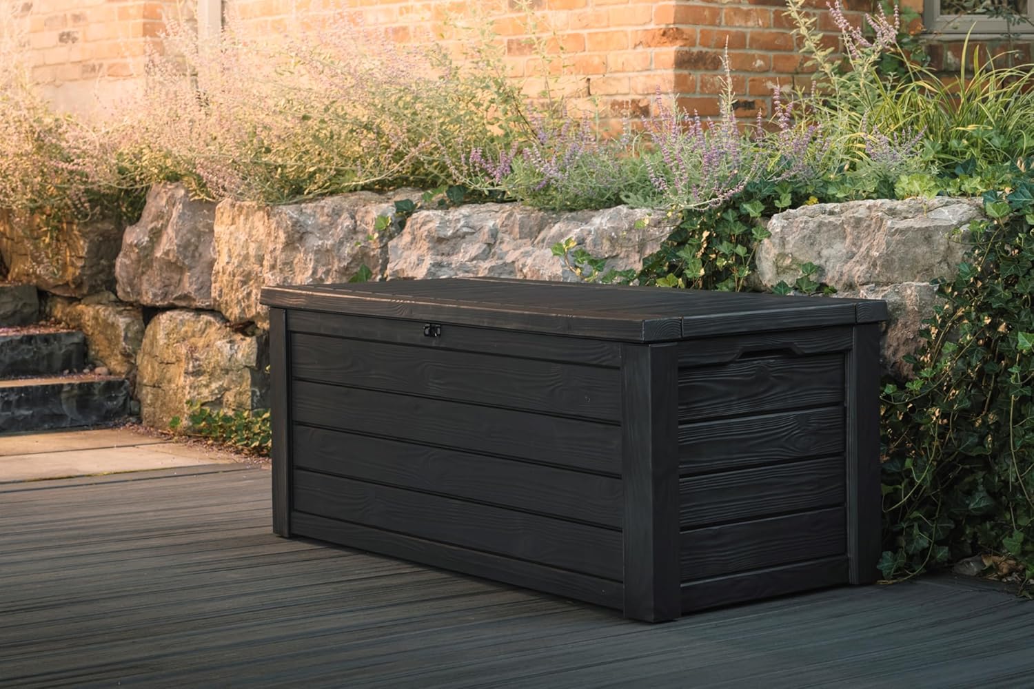 Keter Outdoor Storage Deck Box, 150 Gallon Resin Patio Bin & Bench, Wood Grain, Brown