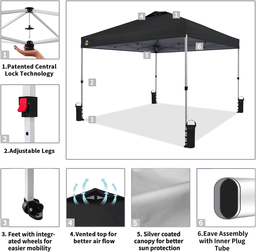CROWN SHADES 10x10 Pop Up Canopy - Beach Tent with One Push Setup - Easy Outdoor Sun Shade for Events, Parties, Camping - Gazebo with STO-N-Go Cover Bag, Silver Coated Top, Grid White