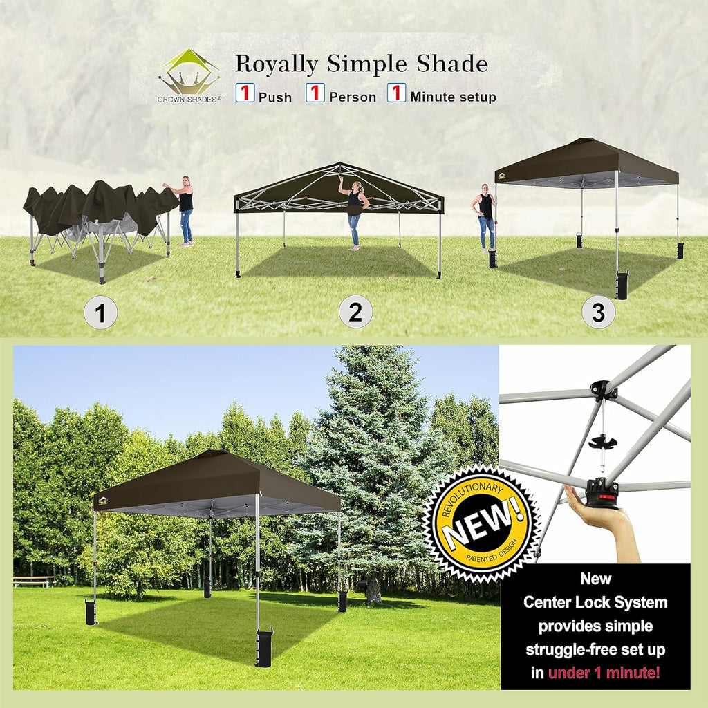 CROWN SHADES 10x10 Pop Up Canopy - Beach Tent with One Push Setup - Easy Outdoor Sun Shade for Events, Parties, Camping - Gazebo with STO-N-Go Cover Bag, Silver Coated Top, Grid White