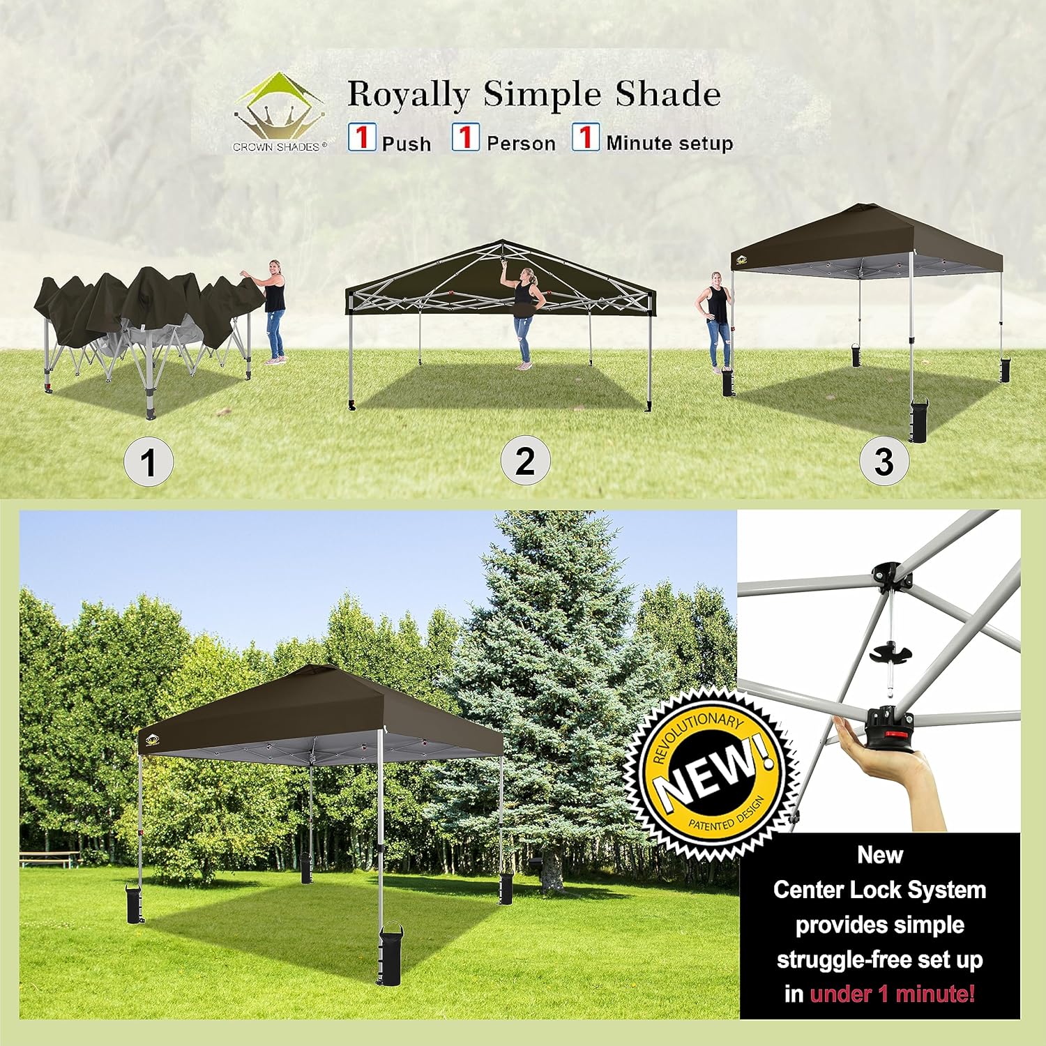 CROWN SHADES 10x10 Pop Up Canopy - Beach Tent with One Push Setup - Easy Outdoor Sun Shade for Events, Parties, Camping - Gazebo with STO-N-Go Cover Bag, Silver Coated Top, Grid White
