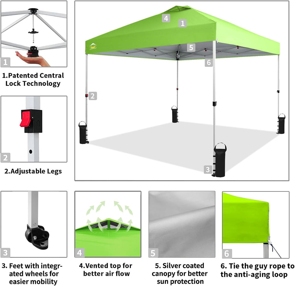 CROWN SHADES 10x10 Pop Up Canopy - Beach Tent with One Push Setup - Easy Outdoor Sun Shade for Events, Parties, Camping - Gazebo with STO-N-Go Cover Bag, Silver Coated Top, Grid White