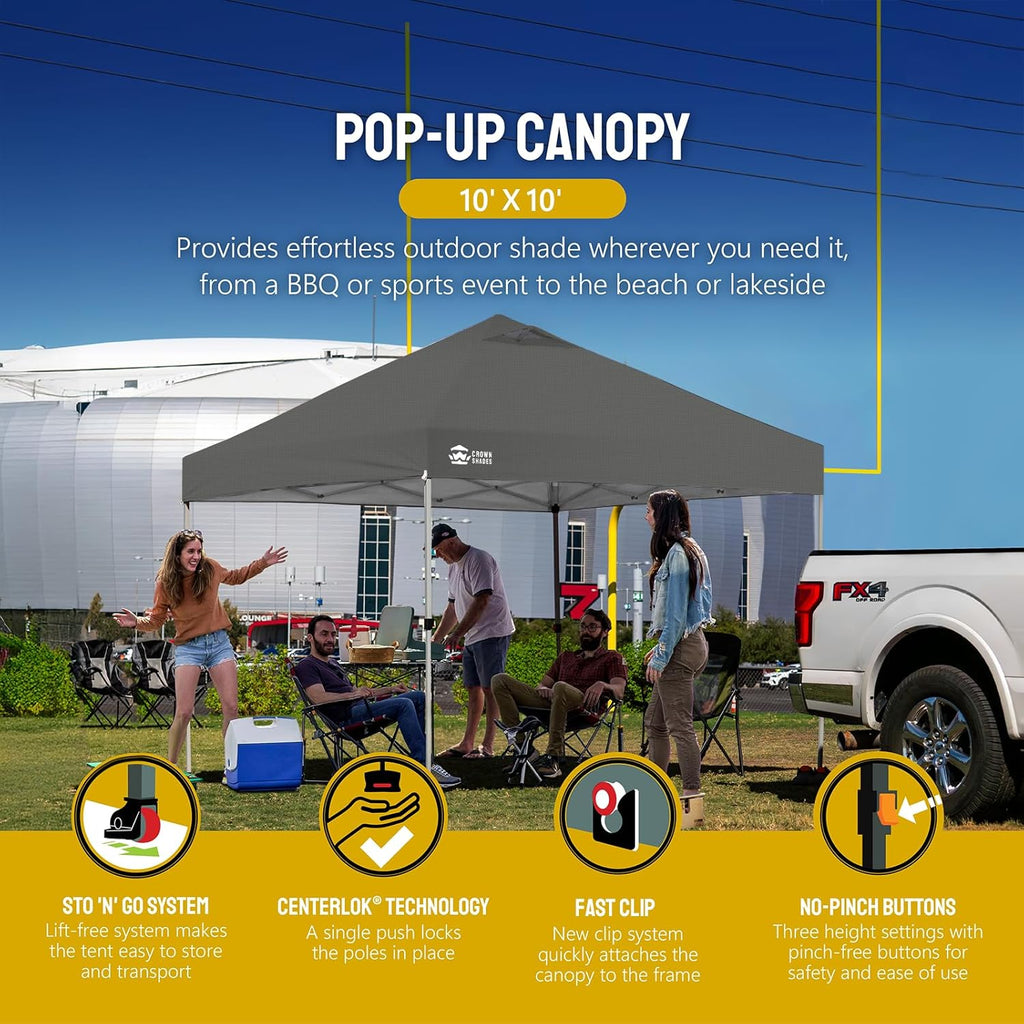 CROWN SHADES 10x10 Pop Up Canopy - Beach Tent with One Push Setup - Easy Outdoor Sun Shade for Events, Parties, Camping - Gazebo with STO-N-Go Cover Bag, Silver Coated Top, Grid White