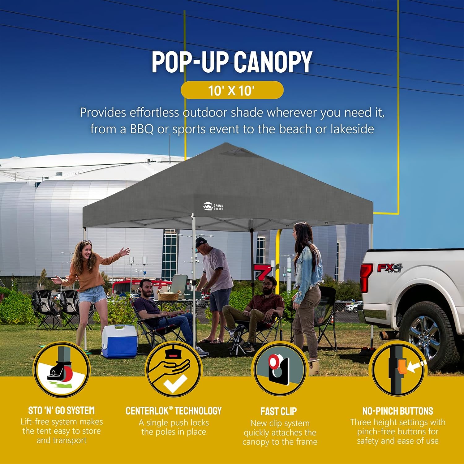 CROWN SHADES 10x10 Pop Up Canopy - Beach Tent with One Push Setup - Easy Outdoor Sun Shade for Events, Parties, Camping - Gazebo with STO-N-Go Cover Bag, Silver Coated Top, Grid White