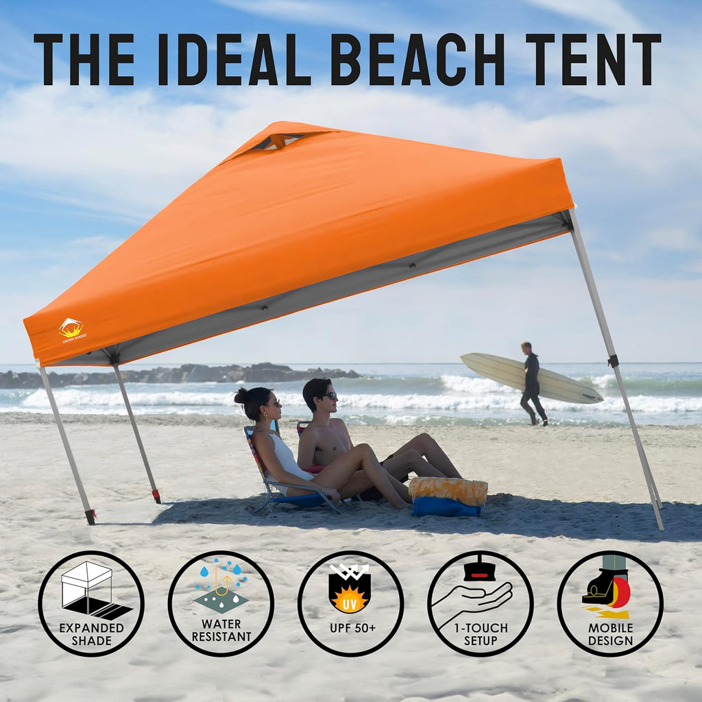 CROWN SHADES 10x10 Pop Up Canopy - Beach Tent with One Push Setup - Easy Outdoor Sun Shade for Events, Parties, Camping - Gazebo with STO-N-Go Cover Bag, Silver Coated Top, Grid White