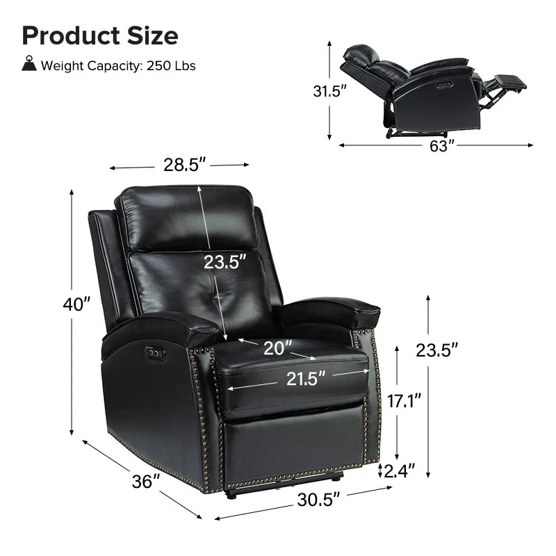 Stefan Genuine Leather Power Recliner with Nailhead Trim