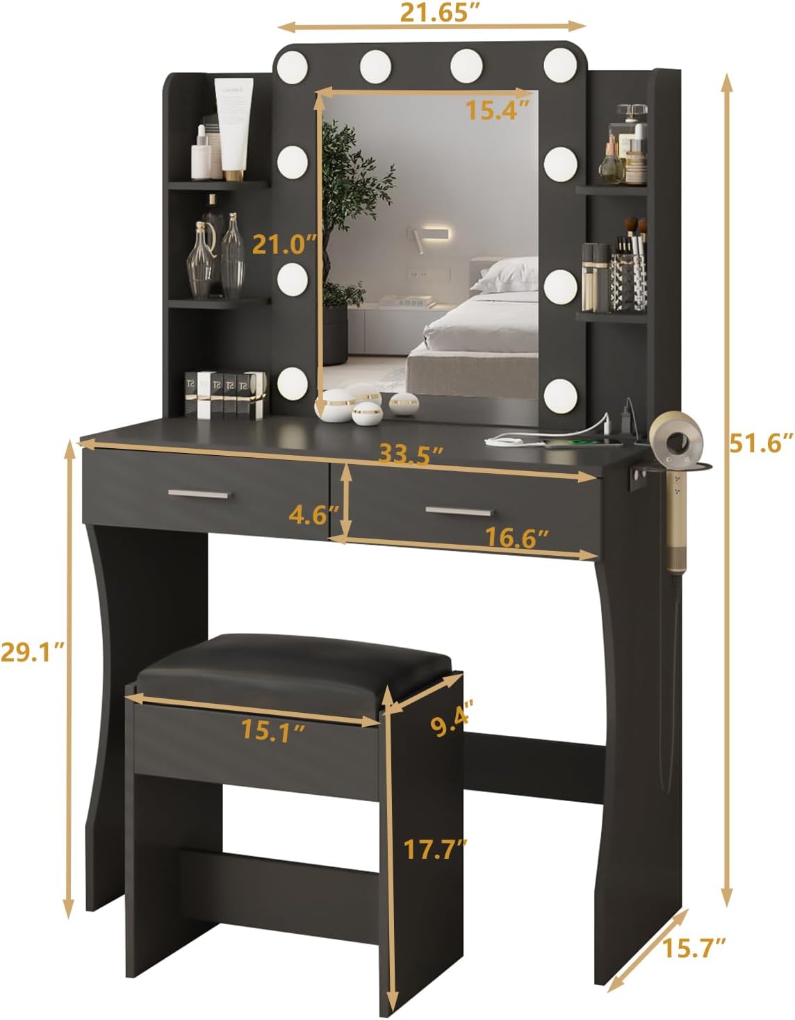 Vanity Desk with Lights,Makeup Vanity with Power Strip,Dressing Table Set with 2 Large Drawers,Vanity Mirror 3 Lighting Color Adjustable,White
