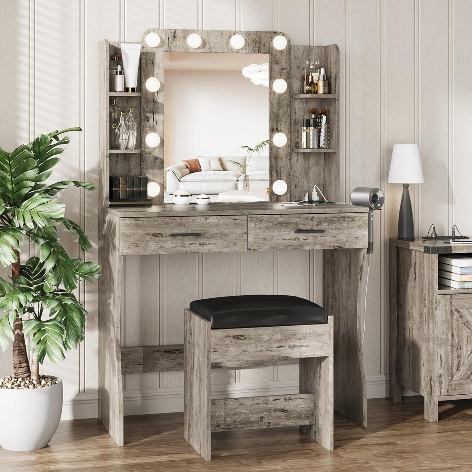 Vanity Desk with Lights,Makeup Vanity with Power Strip,Dressing Table Set with 2 Large Drawers,Vanity Mirror 3 Lighting Color Adjustable,White