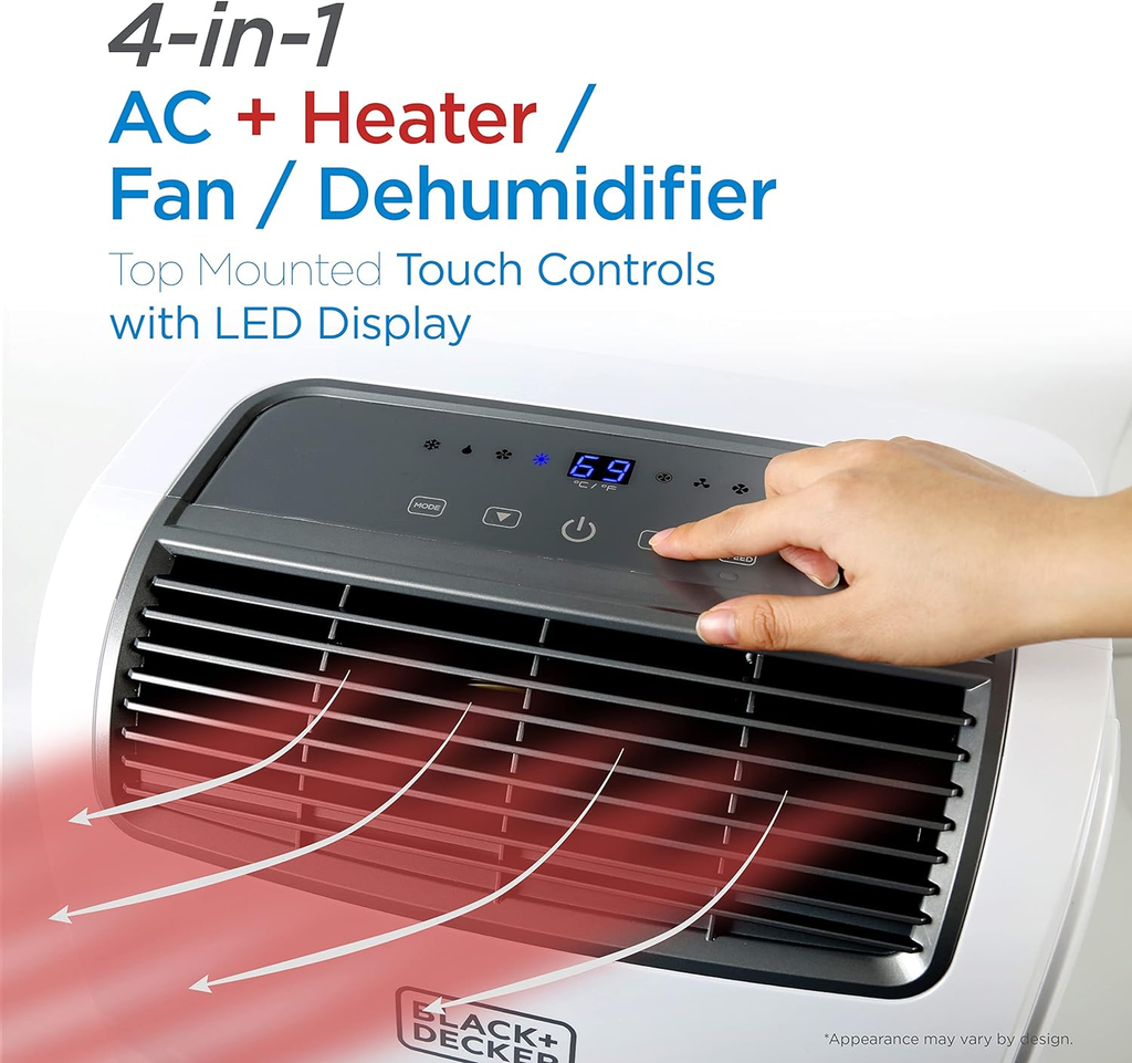 BLACK+DECKER Smart Portable Air Conditioner with Heat, 14,000 BTU ASHRAE 128 (10,000 BTU DOE) Cooling, 12,000 BTU Heating for Rooms up to 700 Sq. Ft., Follow Me Remote, BPACT14HWT, White