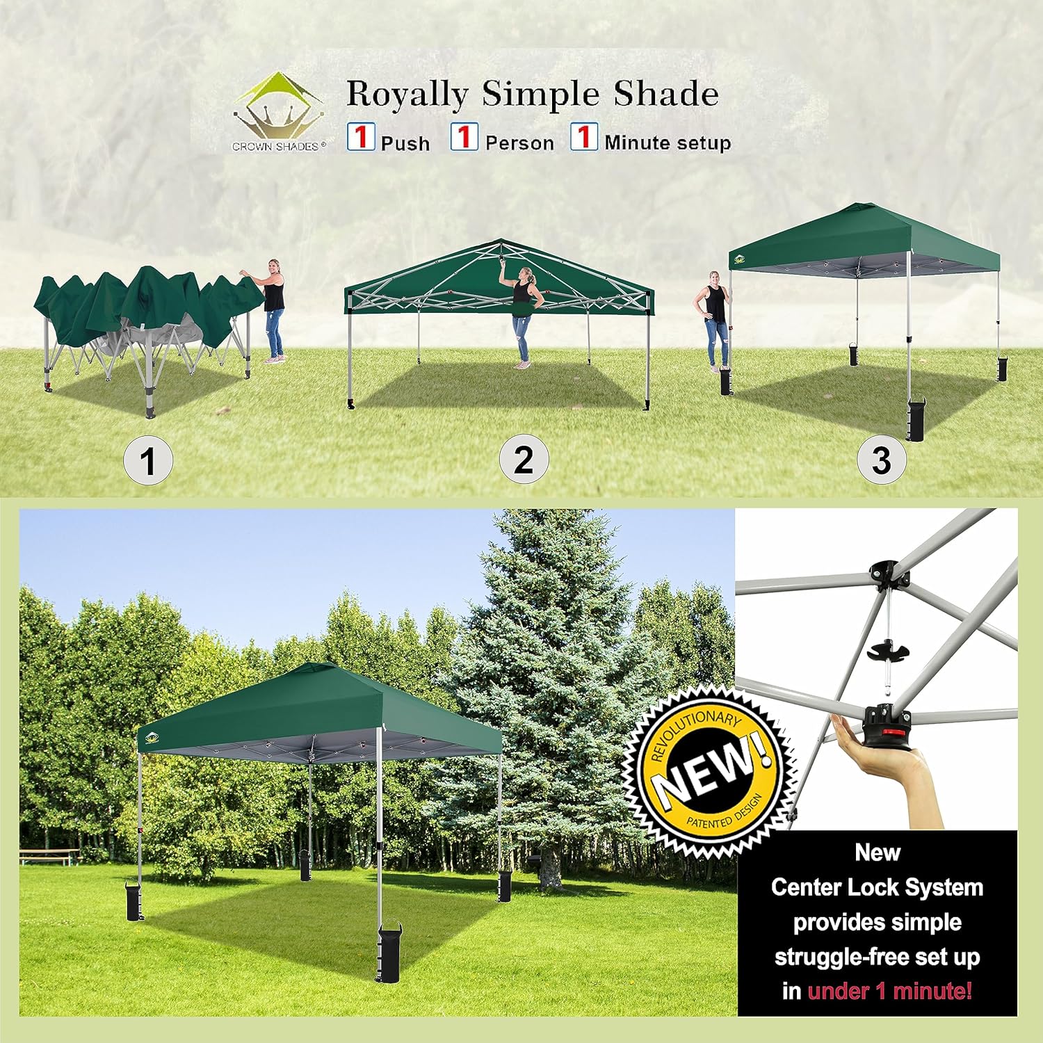 CROWN SHADES 10x10 Pop Up Canopy - Beach Tent with One Push Setup - Easy Outdoor Sun Shade for Events, Parties, Camping - Gazebo with STO-N-Go Cover Bag, Silver Coated Top, Grid White