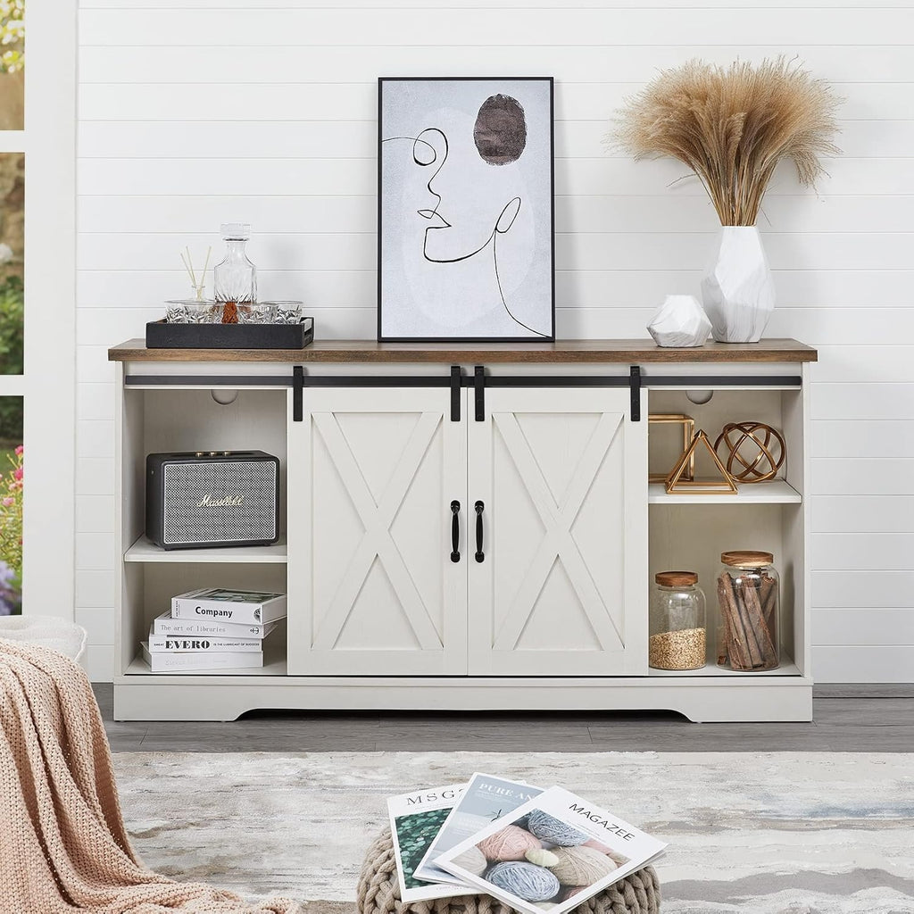 AMERLIFE Fireplace TV Stand with Sliding Barn Door for TVs up to 65", Farmhouse 59" Fireplace Entertainment Center with Storage Cabinets/Adjustable Shelves, Distressed White & Barnwood