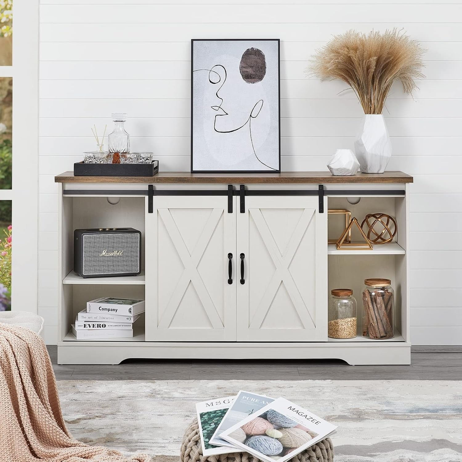 AMERLIFE Fireplace TV Stand with Sliding Barn Door for TVs up to 65", Farmhouse 59" Fireplace Entertainment Center with Storage Cabinets/Adjustable Shelves, Distressed White & Barnwood