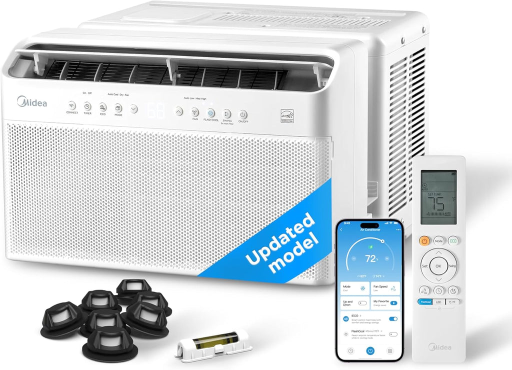 Midea 8,000 BTU U Shaped Smart Inverter Window Air Conditioner - Cools 350 Sq Ft, Ultra Quiet with Open Window Flexibility - Alexa/Google Assistant Compatible - 37% Energy Savings, Remote (Updated)