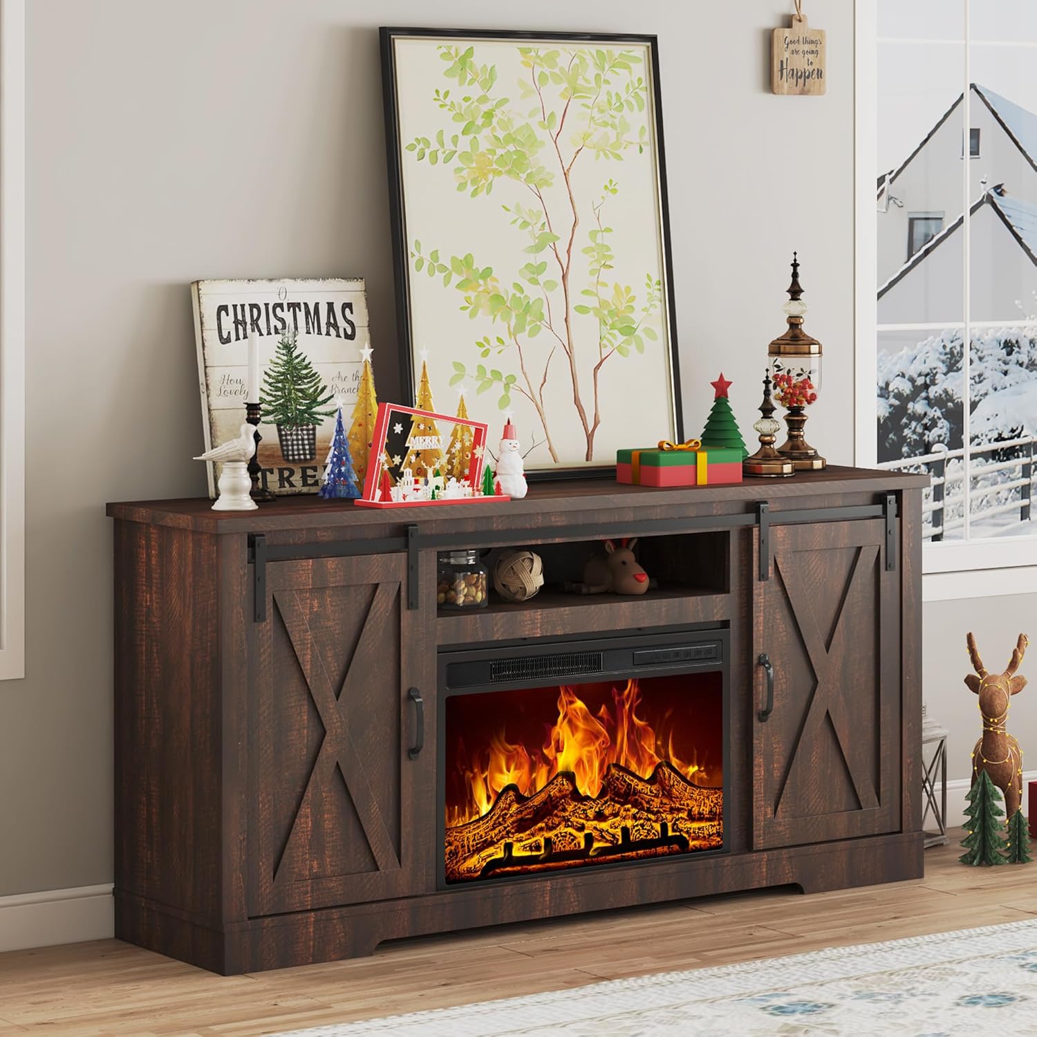 AMERLIFE Fireplace TV Stand with Sliding Barn Door for TVs up to 65", Farmhouse 59" Fireplace Entertainment Center with Storage Cabinets/Adjustable Shelves, Distressed White & Barnwood