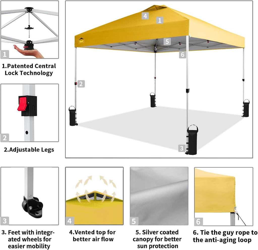 CROWN SHADES 10x10 Pop Up Canopy - Beach Tent with One Push Setup - Easy Outdoor Sun Shade for Events, Parties, Camping - Gazebo with STO-N-Go Cover Bag, Silver Coated Top, Grid White