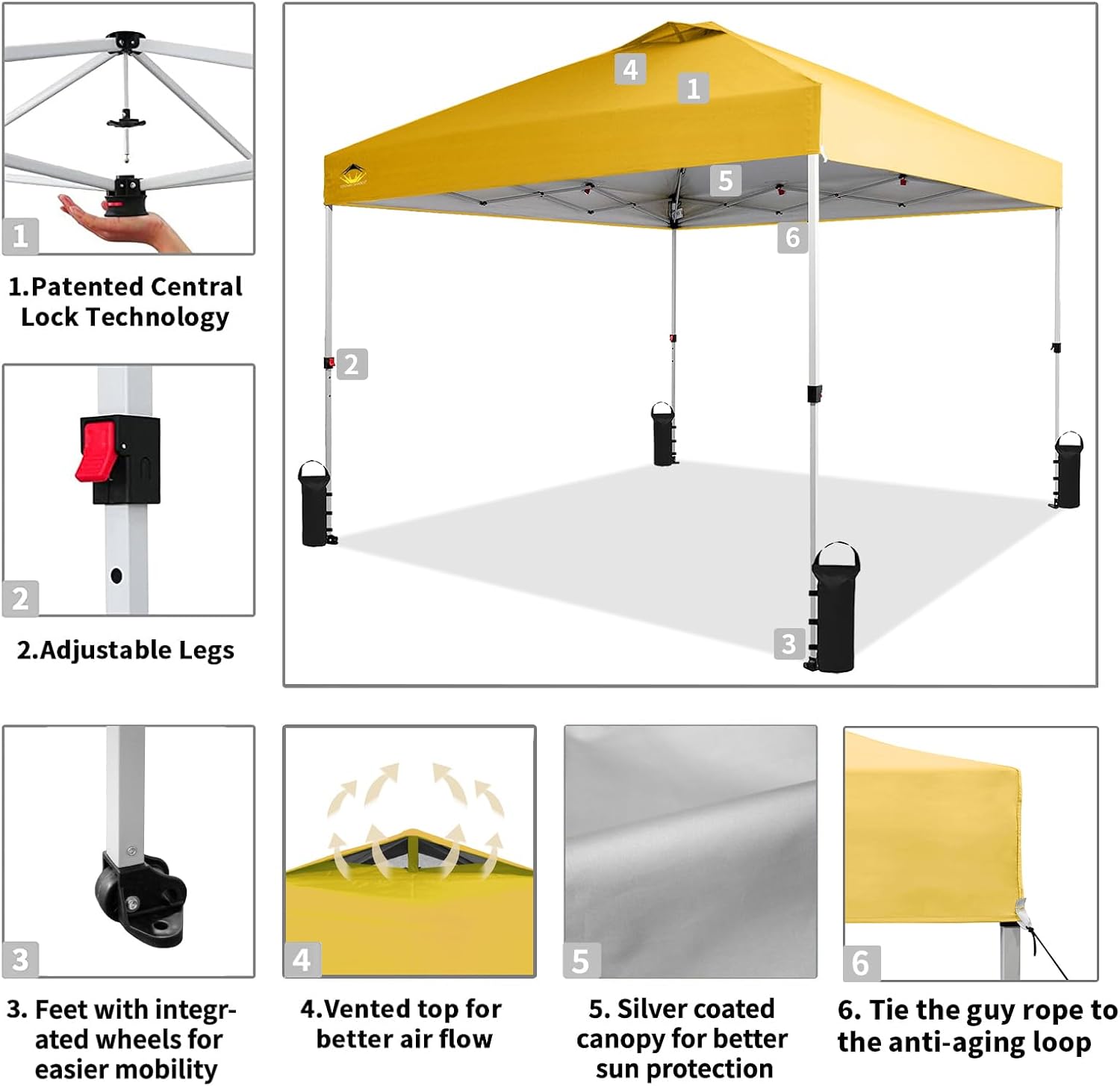 CROWN SHADES 10x10 Pop Up Canopy - Beach Tent with One Push Setup - Easy Outdoor Sun Shade for Events, Parties, Camping - Gazebo with STO-N-Go Cover Bag, Silver Coated Top, Grid White