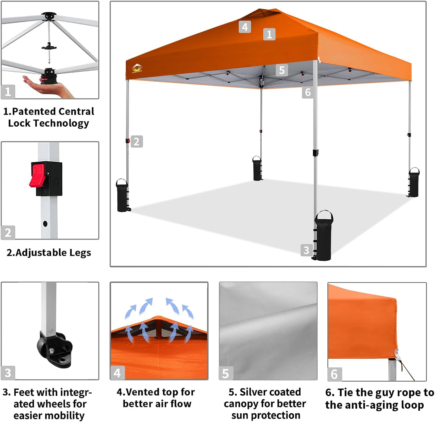 CROWN SHADES 10x10 Pop Up Canopy - Beach Tent with One Push Setup - Easy Outdoor Sun Shade for Events, Parties, Camping - Gazebo with STO-N-Go Cover Bag, Silver Coated Top, Grid White
