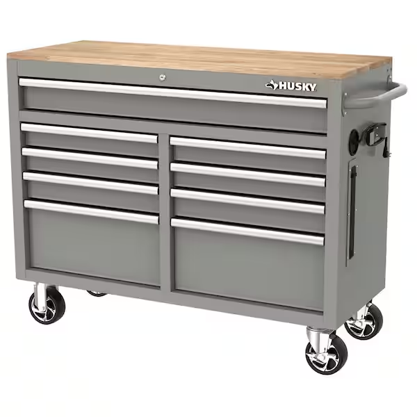 46 in. W x 24.5 in. D 9-Drawer Gloss Black Deep Tool Chest Mobile Workbench with Hardwood Top and Power Station