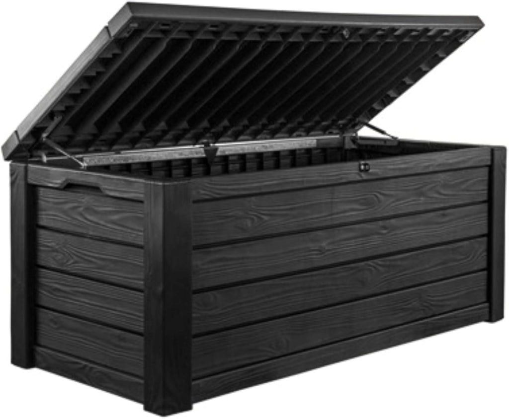 Keter Outdoor Storage Deck Box, 150 Gallon Resin Patio Bin & Bench, Wood Grain, Brown