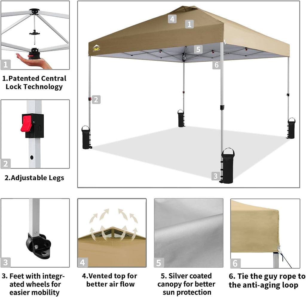 CROWN SHADES 10x10 Pop Up Canopy - Beach Tent with One Push Setup - Easy Outdoor Sun Shade for Events, Parties, Camping - Gazebo with STO-N-Go Cover Bag, Silver Coated Top, Grid White
