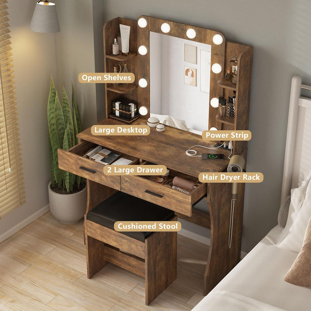 Vanity Desk with Lights,Makeup Vanity with Power Strip,Dressing Table Set with 2 Large Drawers,Vanity Mirror 3 Lighting Color Adjustable,White