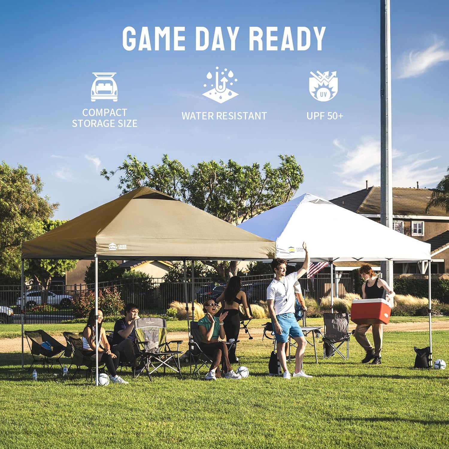 CROWN SHADES 10x10 Pop Up Canopy - Beach Tent with One Push Setup - Easy Outdoor Sun Shade for Events, Parties, Camping - Gazebo with STO-N-Go Cover Bag, Silver Coated Top, Grid White